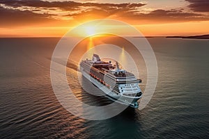 Aerial view of luxury white cruise ship in tropical sea. Beautiful sky, bright sunset over the horizon. The concept of