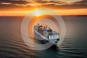 Aerial view of luxury white cruise ship in tropical sea. Beautiful sky, bright sunset over the horizon. The concept of