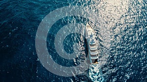 Aerial view of luxury yacht cruising on the sea