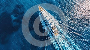 Aerial view of luxury yacht cruising on the sea