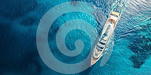 Aerial view of luxury yacht cruising in tropical sea