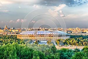 Aerial view of Luzhniki Stadium from Sparrow Hills, Moscow, Russ