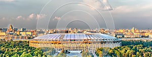 Aerial view of Luzhniki Stadium from Sparrow Hills, Moscow, Russia