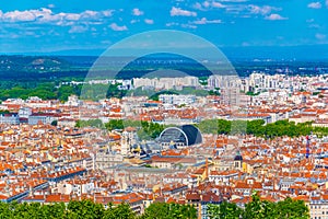 Aerial view of Lyon dominated by the National opera and town hall, France