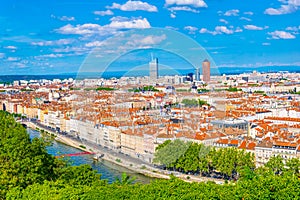 Aerial view of Lyon dominated by Part Dieu commercial center, France