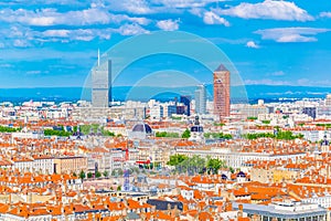 Aerial view of Lyon dominated by Part Dieu commercial center, France