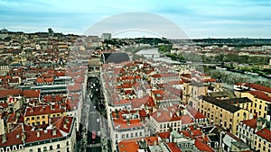 Aerial view of Lyon, France. Rue de la Republique view towards City Hall and Opera de Lyon buildings