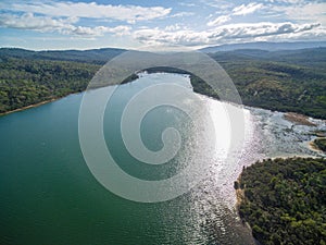 Aerial view of Lysterfield lake and forest. Melbourne, Australia