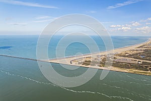 aerial view of Maasvlakte on a sunny day, North Sea and blue sky in the background, Netherlands