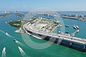 Aerial view of MacArthur Causway, Watson Island and Miami Beach, Florida.
