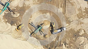 Aerial view, machinery working at clay quarry, heavy loaders, large trucks, bulldozers, excavators, Sand quarry, Mining, Truck