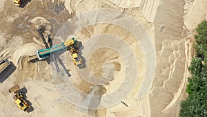 Aerial view, machinery working at clay quarry, heavy loaders, large trucks, bulldozers, excavators, Sand quarry, Mining, Truck