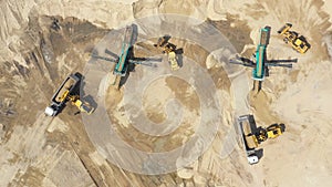 Aerial view, machinery working at clay quarry, heavy loaders, large trucks, bulldozers, excavators, Sand quarry, Mining, Truck