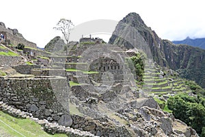 Aerial view of Machu Picchu, an Incan citadel set in the Andes Mountains in Peru