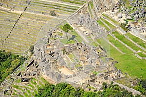 Aerial view of Machu Picchu ruins from Huayna mountain, Peru