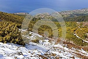 Aerial view Madeiran seaside resort, Ocean and snow