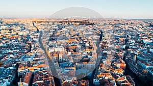Aerial view of Madrid city centar at sunset. Architecture and landmarks of Madrid. Cityscape of Madrid,Popular tourist attraction photo
