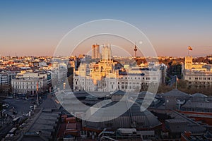 Aerial view of Madrid at sunset with Cibeles Palace - Madrid, Spain photo