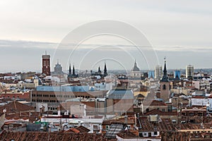 Aerial view of Madrid and towers of the Plaza Mayor