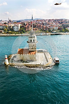 Aerial view of Maiden`s Tower in Istanbul on the Bosphorus.