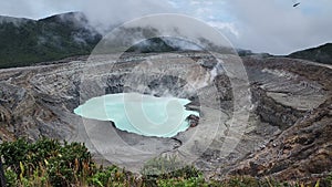 Aerial view of main active crater of the volcano of Poas in Alajuela, Costa Rica