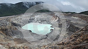 Aerial view of main active crater of the volcano of Poas in Alajuela, Costa Rica