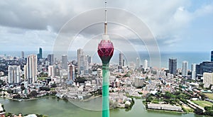 Aerial view of the main attraction, the Lotus Tower in the capital of Sri Lanka, Colombo