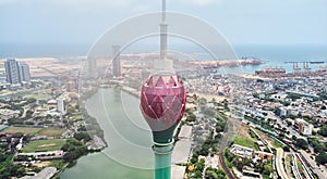 Aerial view of the main attraction, the Lotus Tower in the capital of Sri Lanka, Colombo