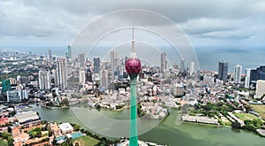 Aerial view of the main attraction, the Lotus Tower in the capital of Sri Lanka, Colombo