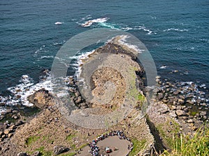 An aerial view of main promontory at Giant`s Causeway on the Antrim Coast of Northern Ireland, UK.