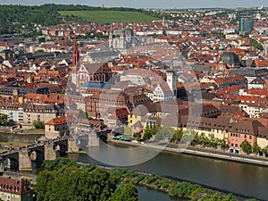 Aerial view of the Main River with the Wurzburg cityscape, Germany.