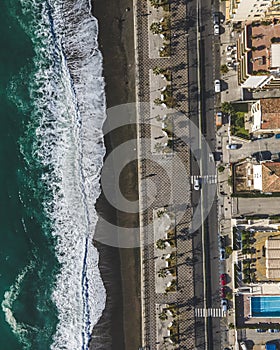 Aerial view of Maiori little town promenade facing the Mediterranean sea, Amalfi coast, Salerno, Italy