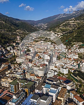 Aerial view of Maiori little town promenade facing the Mediterranean sea, Amalfi coast, Salerno, Italy