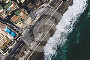 Aerial view of Maiori little town promenade facing the Mediterranean sea, Amalfi coast, Salerno, Italy