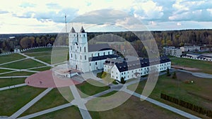Aerial View Majestic Aglona Cathedral in Latvia. White Chatolic Church Basilica.