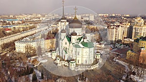 Aerial view of majestic building of Annunciation Cathedral, temple of Russian Orthodox Church in Voronezh on winter day