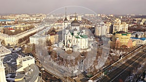 Aerial view of majestic building of Annunciation Cathedral, temple of Russian Orthodox Church in Voronezh on winter day