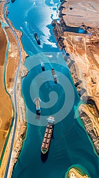 Aerial view of a majestic canal with cargo ships navigating through, showcasing the vital role of maritime trade routes.