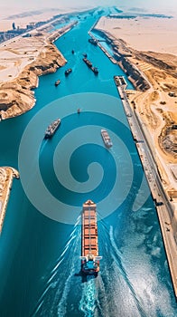 Aerial view of a majestic canal with cargo ships navigating through, showcasing the vital role of maritime trade routes.
