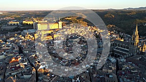 Aerial view of the majestic fortress of the XVI century of the Castilia kings in Toledo, Spain, UHD, 4K