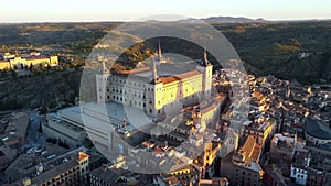 Aerial view of the majestic fortress of the XVI century of the Castilia kings in Toledo, Spain, UHD, 4K