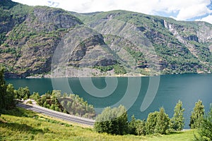 aerial view of majestic landscape with beautiful mountains and Aurlandsfjord Flam