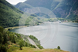 aerial view of majestic landscape with mountains and calm water at Flam village Aurlandsfjord