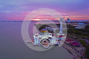 Aerial view of Majestic Malacca Straits Mosque during magnificen