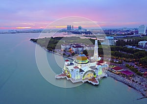 Aerial view of Majestic Malacca Straits Mosque during magnificen