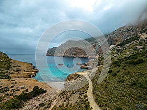 Aerial view of the majestic mountains and turquoise waters. Cala Boquer beach, Mallorca