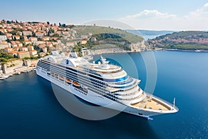 Aerial view of majestic white cruise ship on luxurious ocean expedition, serene sunny day