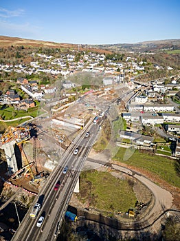 Aerial view of a major road construction project in Wales A465 Heads of the Valley