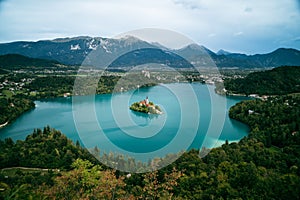 Aerial view of the Mala Osojnica in the middle of Lake Bled in Slovenia