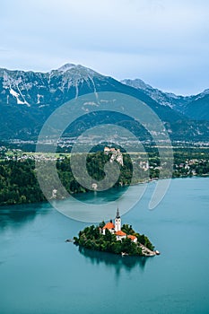 Aerial view of the Mala Osojnica in the middle of Lake Bled in Slovenia